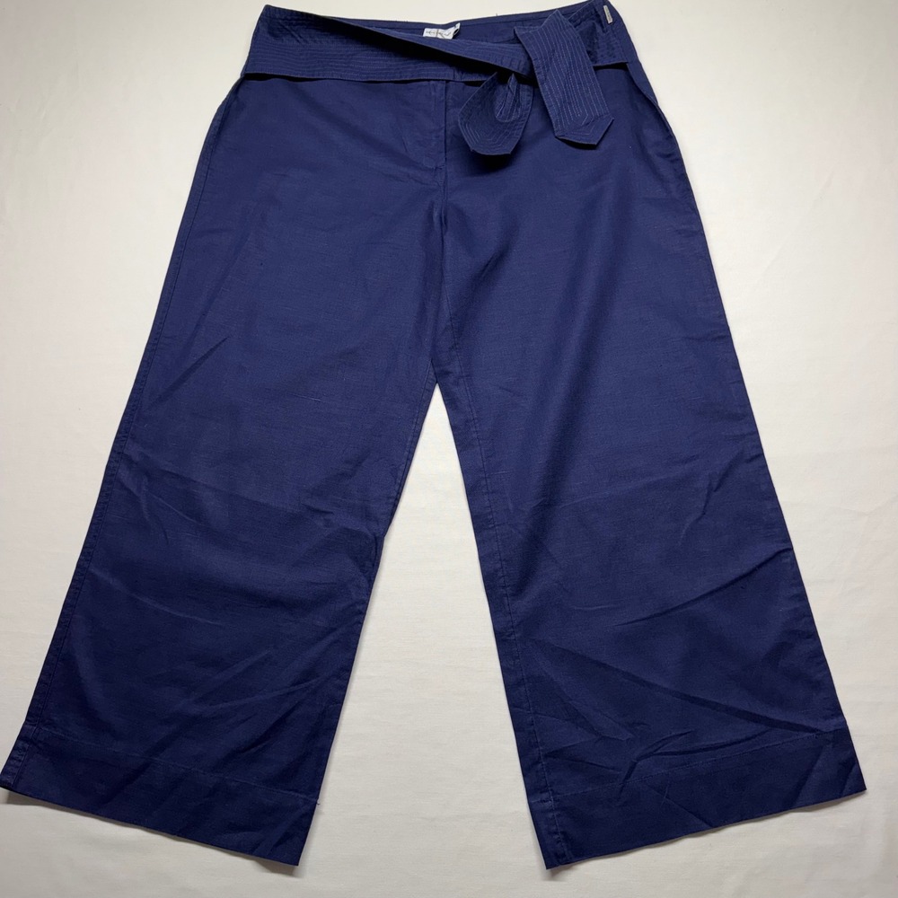 Calvin Klein Jeans Flax Linen Pants 10 Navy Blue Wide Leg Belted Cropped Womens